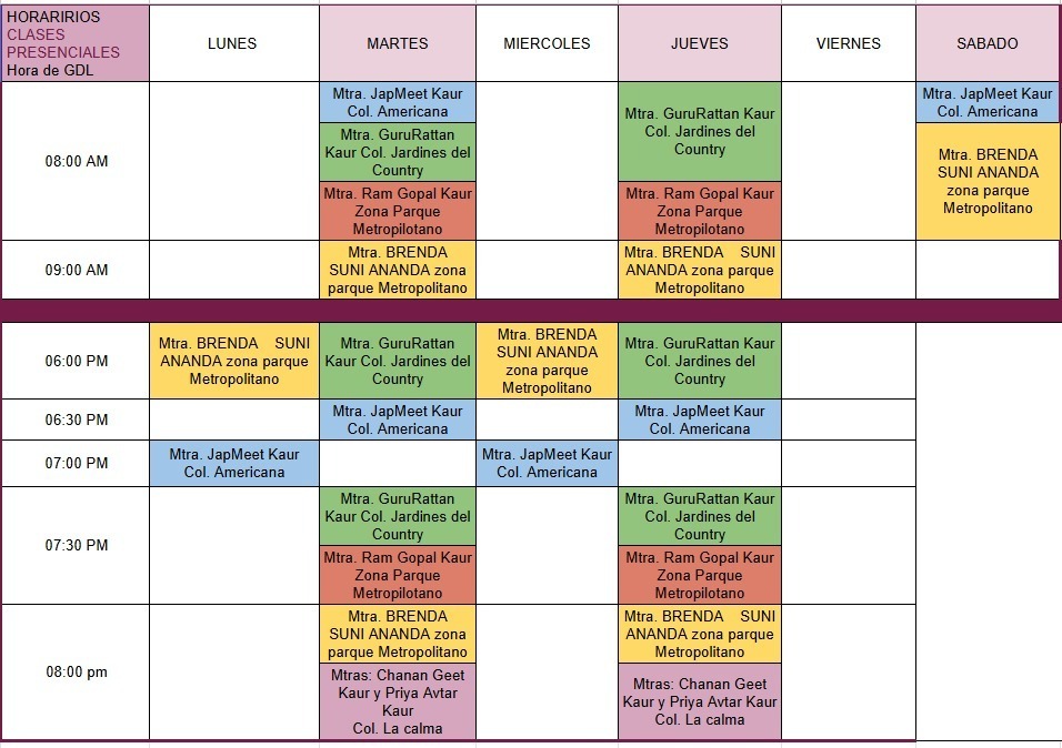 Cuadro de horario general de clases presenciales